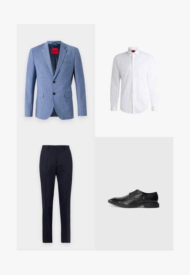 Lyseblå blazer lavet af struktureret stof, med to sorte knapper, en brystlomme og en rød mærkeetiket indeni kraven.; Hvid skjorte med knapper lavet af glat stof med klassisk krave, lange ærmer og rundet kant. Har beige knapper foran.; Mørkeblå skræddersyede herrebukser med subtilt ternet mønster, bæltestropper og frontfold, vist forfra på hvid baggrund.; Sort læder herresko med glat overflade, spids tå, seks snørrehuller og lav, rektangulær hæl. Diskret brandingdetalje på siden.