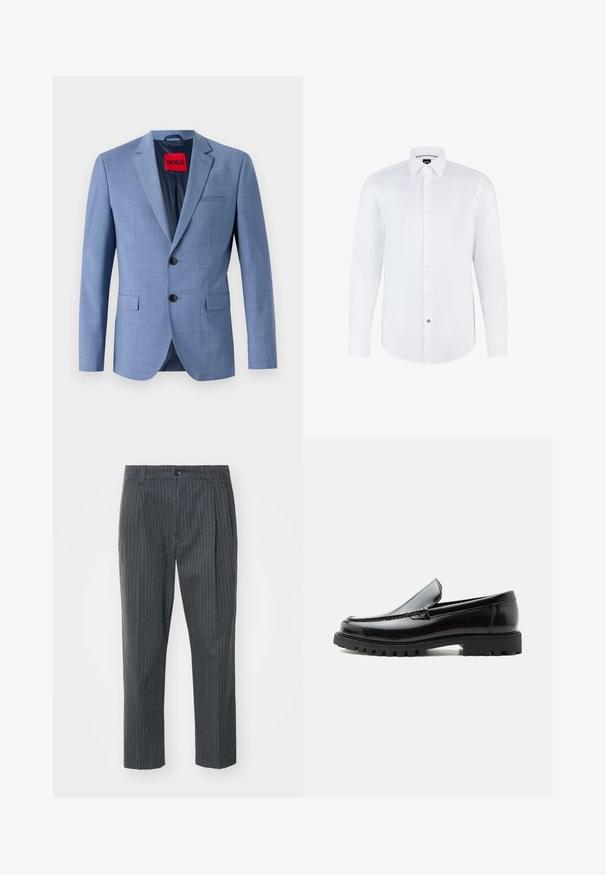 Blazer bleu clair en tissu texturé, avec deux boutons noirs, une poche poitrine et une étiquette de marque rouge à l'intérieur du col.; Chemise blanche à manches longues en tissu lisse, avec une fermeture à boutons à l'avant, un col pointu et un ourlet arrondi. Accent notable d'un bouton de marque.; Pantalons gris à rayures avec une coupe droite, dotés d'une fermeture à bouton et d'une texture de tissu lisse. Coupe ajustée avec des plis.; Mocassin en cuir noir avec semelle en caoutchouc épaisse, dessus cousu et nom de marque embossé sur le talon, présenté de profil sur fond blanc.
