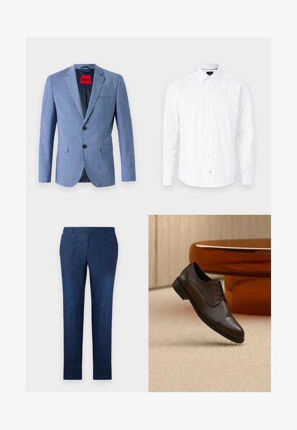 Blazer bleu clair en tissu texturé, avec deux boutons noirs, une poche poitrine et une étiquette de marque rouge à l'intérieur du col.; Chemise blanche à manches longues en coton. Présente un col boutonné, une fermeture à boutons à l'avant avec des boutons roses, et un ourlet arrondi.; Pantalon bleu marine en tissu texturé, avec des jambes droites et un design à plat classique. Pas de motifs ou d'accents visibles.; Chaussure Oxford en cuir marron foncé avec bout droit flottant au-dessus d'un tapis beige, avec une table basse ovale ambre en arrière-plan.