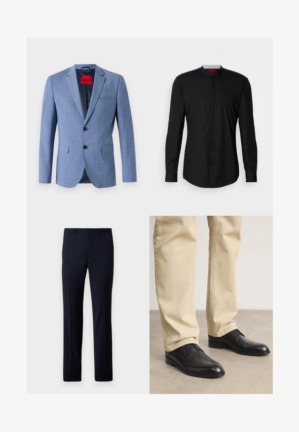 Helles blaues Blazer aus strukturiertem Stoff, mit zwei schwarzen Knöpfen, einer Brusttasche und einem roten Markenetikett im Kragen.; Schwarzes Langarmhemd mit Stehkragen, aus glattem Stoff gefertigt, mit durchgehender Knopfleiste und subtilen Designdetails.; Marineblaue maßgeschneiderte Hose mit geradem Schnitt, ausgestattet mit zwei vorderen Falten und einer glatten Textur. Hergestellt aus leichtem Stoff.; Schwarze Leder Schnürschuhe mit runder Zehenform, glatter Oberfläche und dezenten Nähdetails, getragen mit hellbeigen Hosen.