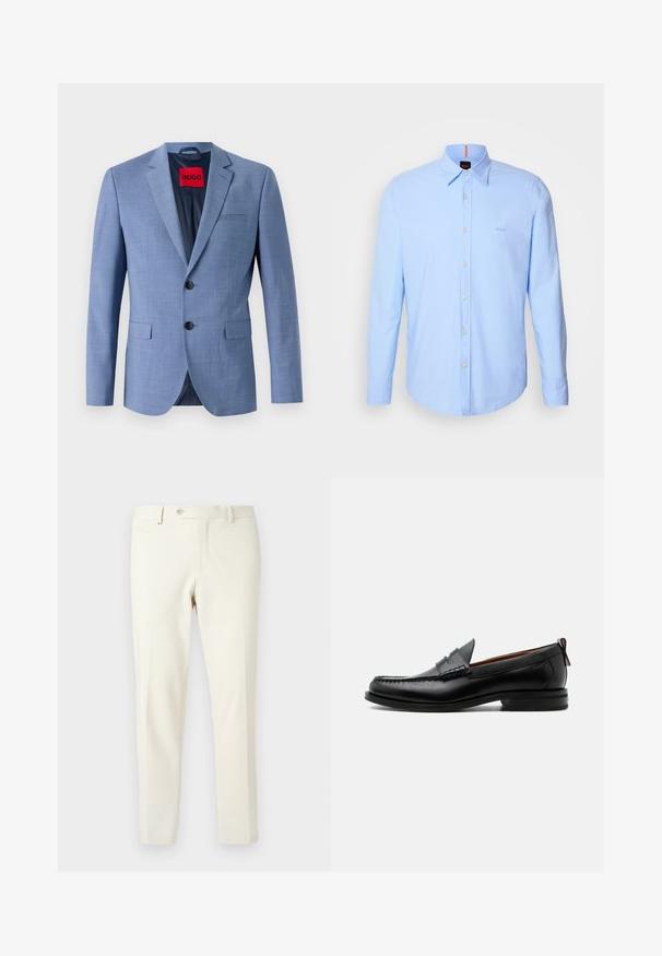 Blazer azul claro hecho de tejido texturizado, con dos botones negros, un bolsillo en el pecho y una etiqueta de marca roja en el interior del cuello.; Camisa de manga larga de color azul claro, fabricada en algodón, con cuello tipo button-down, cierre frontal de botones y bordado sutil de logotipo en el pecho.; Pantalones beige claro fabricados con una tela suave. Presentan una cremallera frontal, cierre de botón y bolsillos laterales en ángulo con un diseño de corte ajustado.; Mocasín de hombre de piel negra con costura moc toe, tira penny, cuello texturizado y tacón bajo apilado sobre fondo blanco.