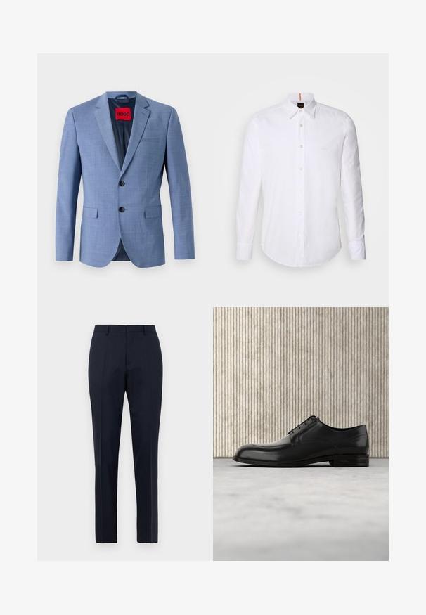 Blazer azul claro hecho de tejido texturizado, con dos botones negros, un bolsillo en el pecho y una etiqueta de marca roja en el interior del cuello.; Camisa blanca de manga larga y corte clásico, hecha de algodón, que presenta un cuello clásico, un logo sutil cerca del pecho y botones blancos.; Pantalones de vestir para hombre en azul marino, ajustados, con un sutil patrón de cuadros, pasadores para cinturón y pliegue frontal, exhibidos de frente sobre fondo blanco.; Zapato de vestir de cuero negro con punta redondeada, textura suave, costuras mínimas y suela plana con un sutil logo en el tacón.