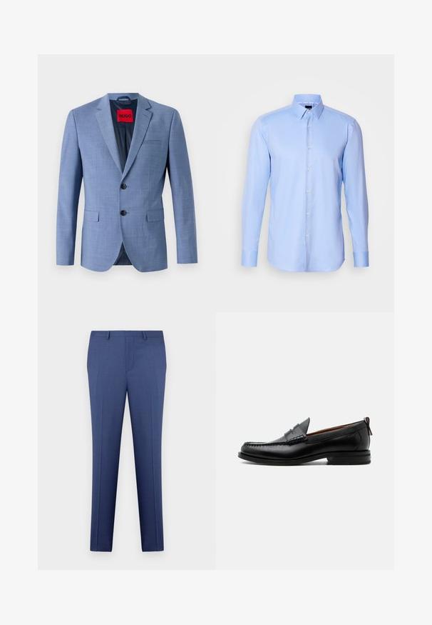 Blazer azul claro hecho de tejido texturizado, con dos botones negros, un bolsillo en el pecho y una etiqueta de marca roja en el interior del cuello.; Camisa de botones de manga larga color azul claro, hecha de tejido texturizado, con cuello puntiagudo y cierre de botones clásico en la parte delantera.; Pantalones de vestir para hombre en azul, ajustados, con trabillas para cinturón, cremallera en la parte delantera y detalles de plisado, exhibidos sobre un fondo blanco.; Mocasín de hombre de piel negra con costura moc toe, tira penny, cuello texturizado y tacón bajo apilado sobre fondo blanco.