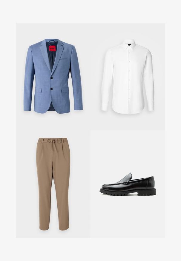 Lichtblauwe blazer van textuurstof, met twee zwarte knopen, een borstzak en een rode merklabel aan de binnenkant van de kraag.; Witte blouse met lange mouwen, knoopsluiting aan de voorkant, klassieke kraag, gemaakt van gladde stof met een subtiele textuur, ontworpen voor een aansluitende pasvorm.; Beige tapsbroek met een trekkoord in de taille, zijzakken en een gladde textuur. Geen zichtbare patronen of extra accenten.; Zwarte leren loafer met dikke rubberen zool, gestikte bovenkant en gegraveerde merknaam op de hiel, zijaanzicht op witte achtergrond.