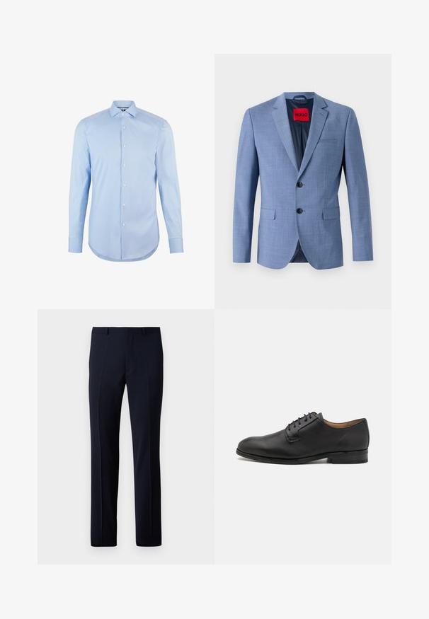 Helles blaues Blazer aus strukturiertem Stoff, mit zwei schwarzen Knöpfen, einer Brusttasche und einem roten Markenetikett im Kragen.; Himmelblaues Langarmhemd aus Baumwolle mit spitzem Kragen, Frontknöpfen und abgerundetem Saum. Glatte Textur ohne Muster.; Marineblaue maßgeschneiderte Hose mit geradem Schnitt, ausgestattet mit zwei vorderen Falten und einer glatten Textur. Hergestellt aus leichtem Stoff.; Schwarze Lederschuhe mit runder Spitze, Schnürdesign, glatter Textur und minimalem Branding an der Ferse.