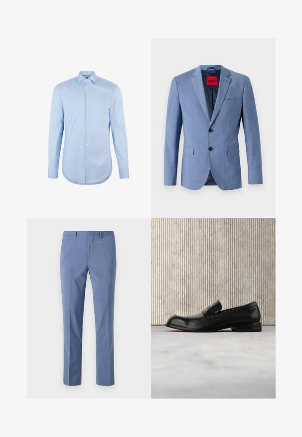 Blazer azul claro hecho de tejido texturizado, con dos botones negros, un bolsillo en el pecho y una etiqueta de marca roja en el interior del cuello.; Camisa de manga larga azul claro confeccionada en algodón, con cuello de punta, botones en la parte frontal y dobladillo redondeado. Textura suave sin patrones.; Pantalones de vestir azul claro, corte ajustado, tejido texturizado, parte frontal plana, bolsillos laterales inclinados y una cintura suave con pasadores para cinturón.; Mocasín negro de cuero con detalle metálico, mostrado suspendido sobre una alfombra beige, con una mesa redonda de color ámbar en el fondo.