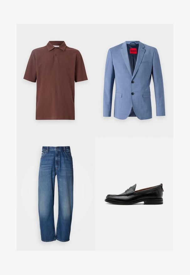 Blazer azul claro hecho de tejido texturizado, con dos botones negros, un bolsillo en el pecho y una etiqueta de marca roja en el interior del cuello.; Camiseta polo marrón hecha de tela transpirable, con un cuello clásico y una tapeta de tres botones, con un logo sutil en el pecho.; Jeans vaqueros de pierna ancha en un tono azul medio. Cuentan con cremallera, cinco bolsillos y un ligero desgaste para un aspecto usado. Detalle clásico de costuras.; Mocasín de hombre de piel negra con costura moc toe, tira penny, cuello texturizado y tacón bajo apilado sobre fondo blanco.