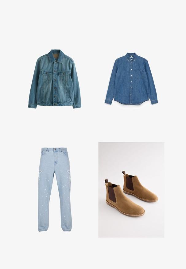 Blå denimjakke med knaplukning foran, to brystlommer med klap, sidelommer og en klassisk krave.; Blå denim langærmet skjorte med spids krave, hvide knapper, én brystlomme og lige kant. Jævn tekstur og medium vægt.; Lysblå denim jeans med en afslappet pasform, der har stjerneformede udsparinger, malersplatter og et klassisk fem-lomme-design.; Chelsea-støvler i tanfarvet ruskind med brune elastiske sidestykker, trækflapper og en flad gummisål. Har en glat tekstur og et rundt tådesign.
