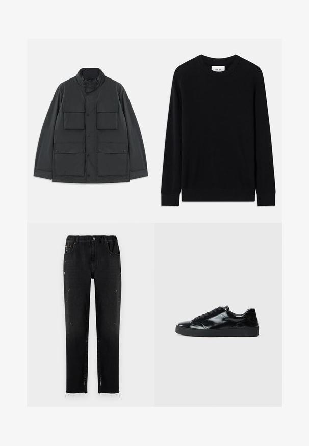 Sort utilityjakke med fire frontlommer med klap, trykknaplukninger, lange ærmer og høj krave med lynlås.; Sort ribbet sweater med rund halsudskæring, lange ærmer og strikket tekstur. Har en lige kant og en subtil brandinglabel indeni.; Sorte jeans lavet af denim med elastisk talje, lige snit, slidte detaljer og flossede kant. Har lommer og knaplukning.; Sorte laklæder sneakers med rund tå, snørredesign, tekstureret gummisål og en glat overflade.