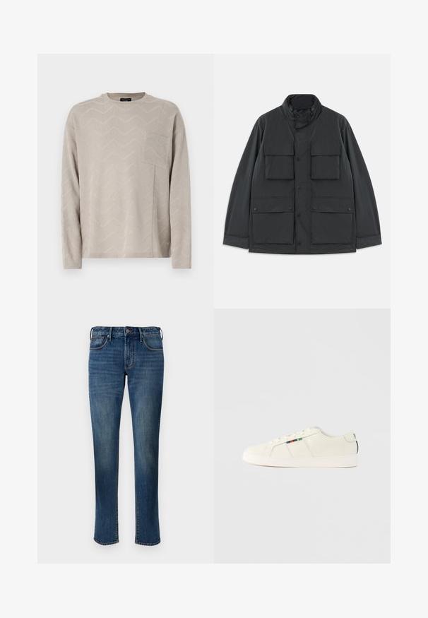 Schwarze Utility-Jacke mit vier vorderen Klappentaschen, Druckknopf-Verschlüssen, langen Ärmeln und einem hohen Kragen mit Reißverschluss.; Helle beige Langarm-Strickjacke mit einem texturierten Zickzackmuster, ausgestattet mit einer quadratischen Brusttasche und einem runden Ausschnitt.; Jeans aus Denim in einem mittleren Blauton. Mit einer geraden Beinform, fünf Taschen, einem Reißverschluss vorne und Kontrastnähten.; Hellbeige Sneaker mit glatter Textur, Schnürdesign und buntem gestreiftem Akzent an der Seite. Weiße Gummisohle. Schlichter Rücken.