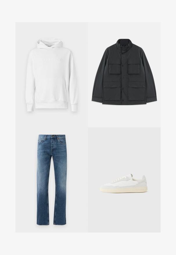 Sort utilityjakke med fire frontlommer med klap, trykknaplukninger, lange ærmer og høj krave med lynlås.; Hvid hoodie med frontkangaroo-lomme, snørehætte og præget "QUARTZ CO" logo på brystet. Blødt bomuldsstof.; Blå denim jeans med lige ben design, falmede vask, fem lommer og kontrastsyning. Knap- og lynlås-lukning i taljen.; Hvid sneakers med en øvre del i tekstureret ruskind og læder. Har rundet tå, snørelukning og kontrasterende beige gummisål.
