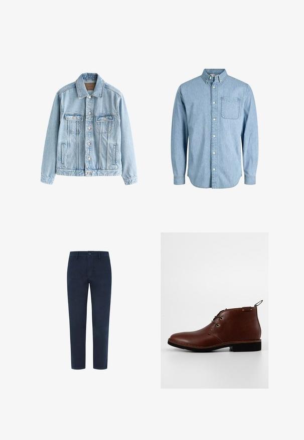 Lyseblå denimjakke med knaplukning foran, to brystlommer med klap og sidelommer, lagt fladt på en hvid baggrund.; Lyseblå denimskjorte med knapper, lange ærmer, krave, brystlomme og subtil tekstur. Har hvide knapper langs knapstolpen.; Marineblå bomulds-chinos med knaplukning, lige ben og en glat tekstur. Har sidelommer og en enkelt baglomme.; Brune læder ankelstøvler med rund tå, to snørehuller og en kontrasterende mørk gummisål. Har en træksløjfe bagpå.