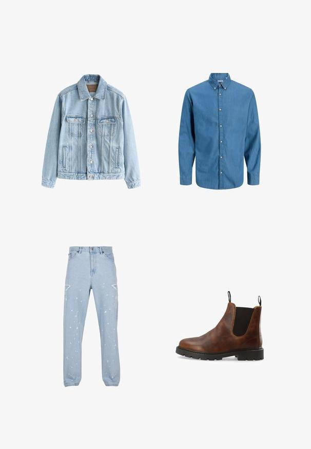 Hellblaue Jeansjacke mit vorderem Knopfverschluss, zwei Brustklappentaschen und seitlichen Leistentaschen, flach auf weißem Hintergrund ausgelegt.; Blaue Hemdbluse aus Denim mit Kragen und langen Ärmeln. Schlichte Textur mit sichtbaren Knöpfen auf der Vorderseite.; Hellblaue Jeans aus Denim mit entspannter Passform, ausgestattet mit sternförmigen Ausschnitten, Farbspritzern und einem klassischen Fünf-Taschen-Design.; Brauner Chelsea-Stiefel aus Leder mit schwarzen elastischen Seitenteilen, Zuglaschen vorne und hinten sowie einer klobigen schwarzen Gummisohle.