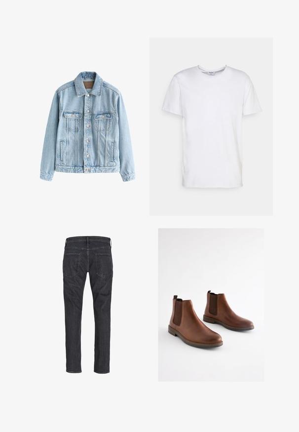 Hellblaue Jeansjacke mit vorderem Knopfverschluss, zwei Brustklappentaschen und seitlichen Leistentaschen, flach auf weißem Hintergrund ausgelegt.; Weißes T-Shirt mit kurzen Ärmeln aus Baumwolle. Es hat einen runden Halsausschnitt und eine lockere Passform ohne sichtbare Muster oder Akzente.; Dunkelgraue Jeans mit geradem Bein, von hinten gezeigt, mit zwei Gesäßtaschen und Gürtelschlaufen am Bund.; Braune Leder-Stiefeletten mit elastischen seitlichen Einsätzen, einer abgerundeten Spitze und einem gestapelten Absatz. Glatte Textur mit kontrastierenden braunen Akzenten.