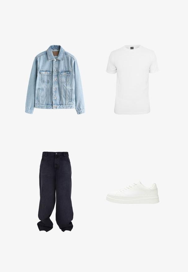 Lyseblå denimjakke med knaplukning foran, to brystlommer med klap og sidelommer, lagt fladt på en hvid baggrund.; Hvid kortærmet t-shirt, lavet af bomuld, med en klassisk rund hals og en glat tekstur, designet til afslappet brug.; Sorte oversized løstsiddende jeans med knap- og lynlåsfrontlukning, forlommer og løse, brede ben.; Hvid sneaker med en glat læderoverdel, flade snørebånd og en tyk gummisål. Minimalistisk design med diskret syning og glatte detaljer.