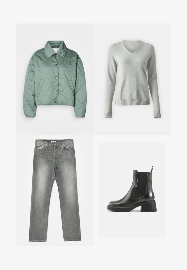 Quiltet cropped jakke i blød grøn, med klassisk krave, trykknapper og sidelommer med en bølget mønstert tekstur.; Lysegrå V-hals sweater med lange ærmer, ribbede manchetter og kant. Fremstillet af blødt, struktureret materiale med en glat overflade.; RE/DONE EASY - Jeans Straight Leg - grigio; Sorte læder ankelstøvler med en glat finish, elastiske sidepaneler og en kraftig hæl. Har en strop for nemmere påtagning.
