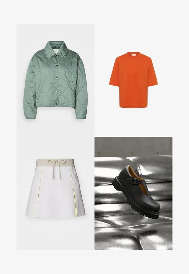 Veste courte matelassée en vert doux, avec un col classique, des boutons-pression et des poches latérales avec une texture à motif ondulé.; T-shirt en coton orange uni à manches courtes avec col rond et une petite étiquette à l'arrière, à l'intérieur du col.; Jupe shorts blanche avec une ceinture élastique beige et un cordon de serrage. Présente des accents latéraux néon jaune et des plis. Logo Lacoste en bas à gauche.; Chaussure Mary Jane en cuir noir avec une semelle épaisse rainurée et une bride à boucle, flottant au-dessus d'une surface argentée brillante matelassée.