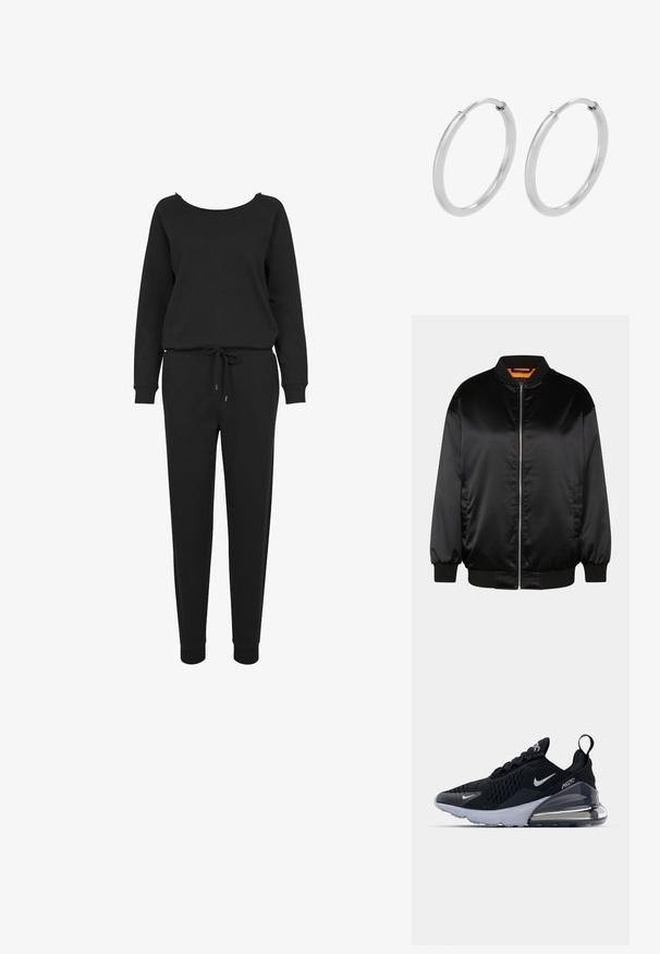 Sort bomberjakke lavet af glat satin, med lynlås foran, ribbede manchetter og kant, samt en orange foring. Klassisk og minimalistisk design.; Sort sveddragt med lange ærmer, afslappet pasform, scoop-neck, elastisk talje, snøre og tætsiddende manchetter ved anklerne. Blød tekstur.; Sort atletiske sneakers med en mesh-overdel, der har et hvidt swoosh-logo, synlig Air-enhed og en tekstureret ydersål. Detaljer inkluderer en bageste trækstrop.; Sølv hoops øreringe, cirkulær form, glat skinnende tekstur og ensartet bredde hele vejen igennem. Minimalistisk design uden yderligere accenter.