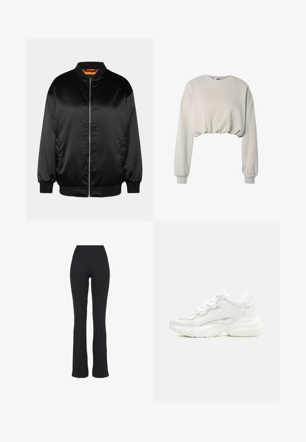 Sort bomberjakke lavet af glat satin, med lynlås foran, ribbede manchetter og kant, samt en orange foring. Klassisk og minimalistisk design.; Lys beige cropped sweatshirt med lange ærmer, ribstrikkede manchetter og en gathered kant, fra Urban Classics.; Sorte højtaljede, tætsiddende yogabukser med udvidede ben, præsenteret mod en hvid baggrund.; Hvid chunky sneaker med tyk sål, snørelukning foran og glat syntetisk overdel med subtile syningsdetaljer.