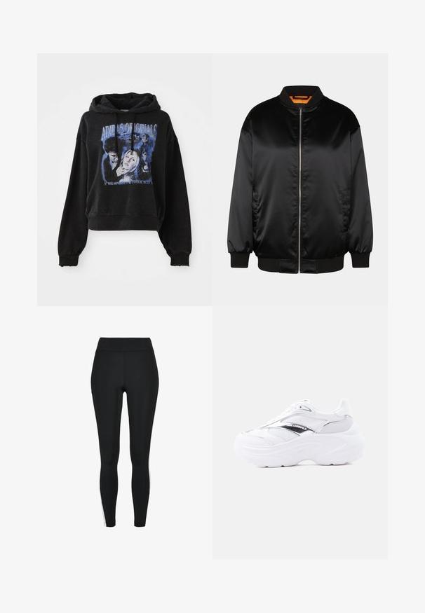 Veste bomber noire en satin lisse, avec fermeture éclair à l'avant, poignets et ourlet côtelés, et doublure orange. Design classique et minimaliste.; Haut de survêtement noir court en coton avec un capuchon à cordon de serrage. Présente une impression graphique bleue représentant des personnages et du texte.; Leggings noirs avec une taille haute, dotés de bandes blanches sur les côtés, fabriqués dans un tissu extensible pour le confort et la flexibilité.; Baskets blanches épaisses avec dessus en mesh et cuir, semelle épaisse, détail métallique argenté et logo "Karl Lagerfeld" sur le côté.