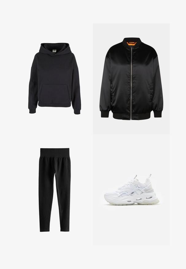 Mustast bomber-jakk, mis on valmistatud siledast satiinist, varustatud lokkfrontiga, soonikkäe- ja ääreosadega ning oranži voodriga. Klassikaline ja minimalistlik disain.; Mustast pullover-stiilis kapuutsiga dressipluus kengurutasku, soonikkoesäärte ja lõdva lõikega.; Mustad soonikkudega kõrge vöökohaga retuusid, laiast elastse vööümbrisega ja täispikkade kitsaste sääreosadega valgel taustal.; Valge kirkada paksu tallaga, kihilise võrgu ja sünteetilisest materjalist ülemise osaga, millel on mustrilised aktsendid, nööri süsteem ja tõmbevahe.