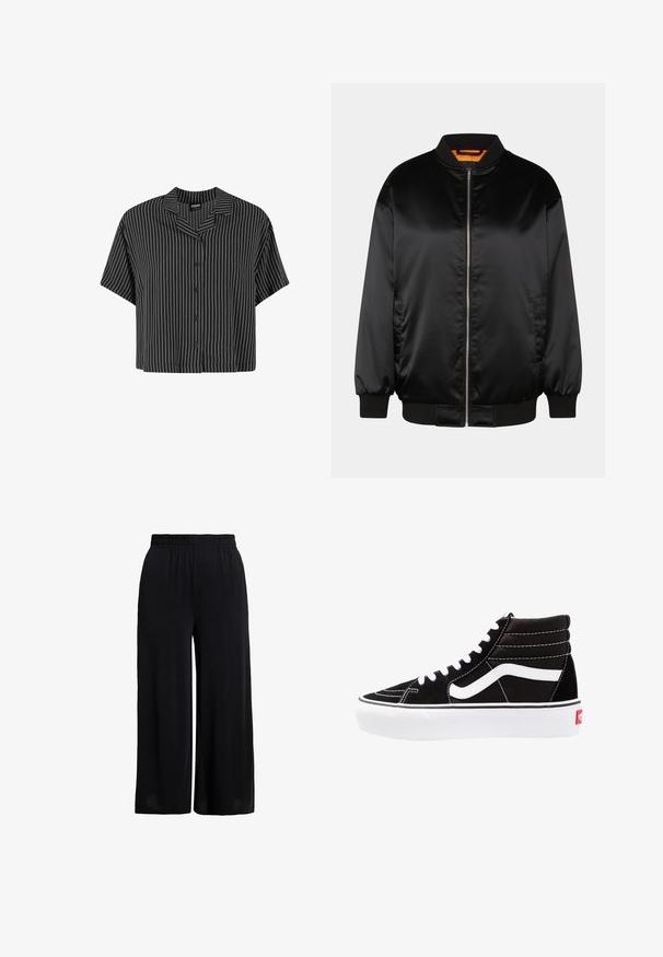 Zwarte bomberjack van glad satijn, met een ritssluiting aan de voorkant, ribbelmanchetten en -zoom, en een oranje voering. Klassiek en minimalistisch ontwerp.; Zwart-wit gestreepte short-sleeve shirt met een ingeënte kraag en knoopsluiting, met een boxy pasvorm en lichtgewicht stof.; Zwarte broek met wijde pijpen en elastische tailleband, gemaakt van lichtgewicht stof voor een comfortabele pasvorm.; Zwarte high-top sneakers met witte veters, een wit logo en contrasterende witte stiksels. Heeft een dikke witte zool en een bovenwerk van gestructureerd suede.