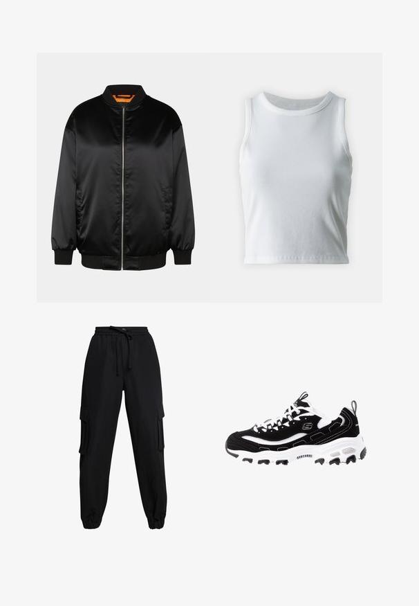 Sort bomberjakke lavet af glat satin, med lynlås foran, ribbede manchetter og kant, samt en orange foring. Klassisk og minimalistisk design.; Hvid ribbet tanktop med rund halsudskæring og ærmeløs design, med en lige kant og en glat, strækbar tekstur.; Sorte cargo-bukser lavet af letvægtsstof, med elastisk talje, snøre og sidelommer. Manchetter ved anklerne fuldender designet.; Sort og hvid atletisk sko med overdel i ruskind, polstret krave og let sål. Har fremtrædende logo og kontrasterende syninger.