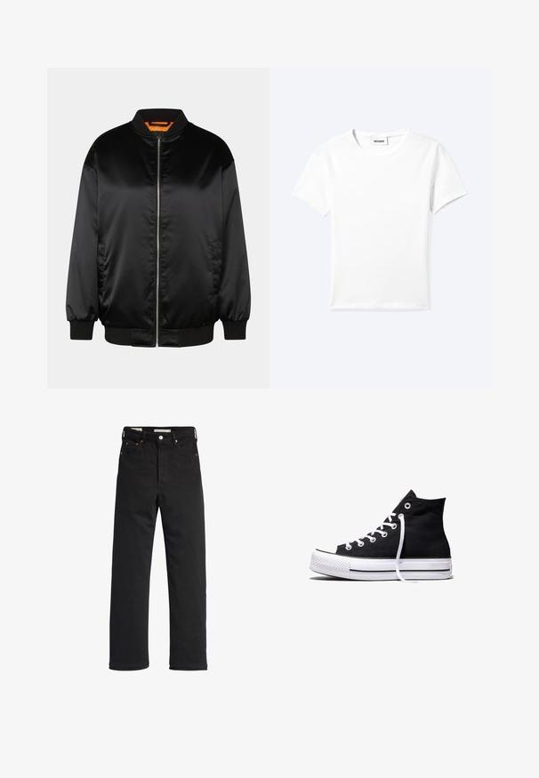 Sort bomberjakke lavet af glat satin, med lynlås foran, ribbede manchetter og kant, samt en orange foring. Klassisk og minimalistisk design.; Ensfarvet hvid t-shirt med korte ærmer og rund halsudskæring med en lille "WEEKDAY" label indeni halskanten, vist fladt på en lys baggrund.; Sorte denim jeans med lige ben, der har en høj talje, fem-lomme design, metal knaplukning og minimale syninger.; Sort high-top canvas sneaker med hvid gummisål og hvide snørebånd, vist fra siden mod en hvid baggrund.