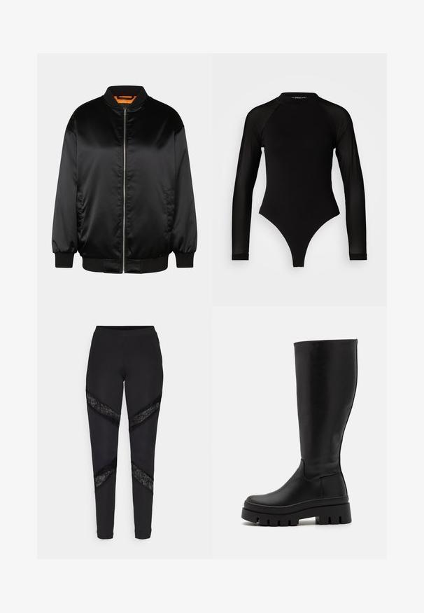 Schwarze Bomberjacke aus glattem Satin, mit Reißverschluss vorn, gerippten Bündchen und Saum sowie einer orangefarbenen Fütterung. Klassisches und minimalistisches Design.; Schwarzer Langarm-Body mit hohem Kragen, bestehend aus festem Stoff im Torso und transparenten Netzärmel, entworfen in einer körperbetonten Form.; Schwarze Leggings mit dreieckigen Ausschnitten, die an den Seiten mit schwarzer Spitze akzentuiert sind. Sie bestehen aus einem dehnbaren Stoff mit passgenauer Passform.; Even&Odd by Zalando Plateaustiefel - black