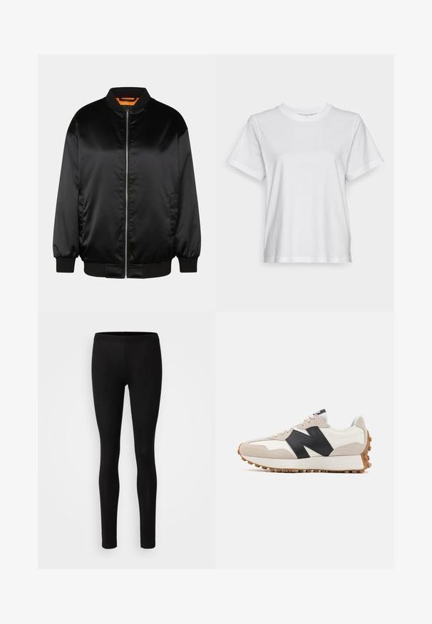 Sort bomberjakke lavet af glat satin, med lynlås foran, ribbede manchetter og kant, samt en orange foring. Klassisk og minimalistisk design.; Hvid bomulds T-shirt med korte ærmer, rund hals og en afslappet pasform. Glat tekstur, uden mønstre eller grafik, enkel design.; Sorte leggings lavet af et blødt, strækbart stof. De har en tætsiddende pasform med elastisk talje og en glat, mat overflade.; Hvid og beige sneaker med sort "N" logo, gummisål med traktionstifter og snørelukning vist i sideprofil.