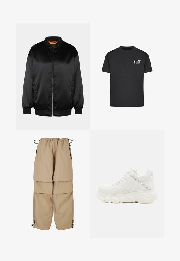 Schwarze Bomberjacke aus glattem Satin, mit Reißverschluss vorn, gerippten Bündchen und Saum sowie einer orangefarbenen Fütterung. Klassisches und minimalistisches Design.; Schwarzes Baumwoll-T-Shirt mit Rundhalsausschnitt. Mit weißem Text, einschließlich japanischer Schriftzeichen und "Slurp Away", auf der linken Brustseite.; Beige Cargo-Hosen mit elastischem Bund, geschichteter Optik und seitlichen Taschen. Verfügt über verstellbare Bündchen mit Toggle-Verschlüssen für eine anpassbare Passform.; Weißer klobiger Sneaker mit dicker Sohle, Schnürdesign und "Buffalo" Branding an der Seite und Ferse.