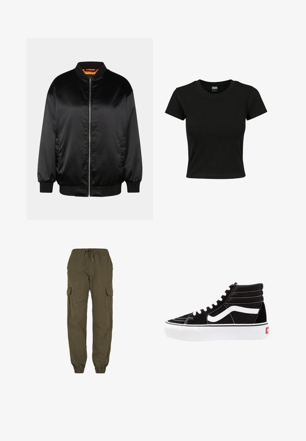 Veste bomber noire en satin lisse, avec fermeture éclair à l'avant, poignets et ourlet côtelés, et doublure orange. Design classique et minimaliste.; T-shirt noir à manches courtes en coton lisse, avec un col rond et une coupe ajustée. Aucun motif ou accent visible.; Pantalon cargo vert olive avec taille et poignets élastiques, doté de poches latérales à rabat et d'une coupe décontractée.; Baskets montantes noires avec des lacets blancs, un logo blanc et des coutures blanches contrastées. Dotées d'une épaisse semelle blanche et d'un dessus en daim texturé.