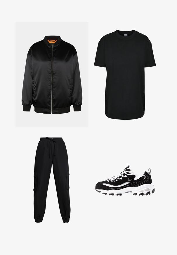 Chaqueta bomber negra hecha de satén suave, con cierre de cremallera en la parte delantera, puños y dobladillo acanalados, y un forro naranja. Diseño clásico y minimalista.; Camiseta negra de manga corta y cuello redondo en talla XS con etiqueta "Urban Classics" dentro del cuello.; Pantalones cargo negros hechos de una tela ligera, con cinturilla elástica, cordón y bolsillos laterales. Los dobladillos en los tobillos completan el diseño.; Zapatilla deportiva en blanco y negro con parte superior de ante, cuello acolchado y suela ligera. Presenta un logotipo prominente y detalles de costura en contraste.