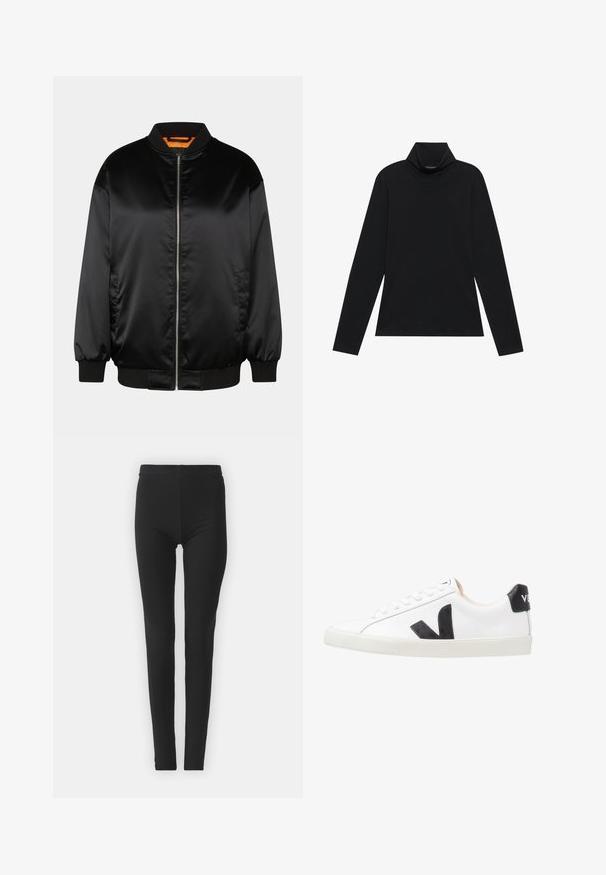 Schwarze Bomberjacke aus glattem Satin, mit Reißverschluss vorn, gerippten Bündchen und Saum sowie einer orangefarbenen Fütterung. Klassisches und minimalistisches Design.; Schwarzes langärmeliges Rollkragenshirt. Weicher Stoff, enganliegendes Design, hoher Kragen und seitliche Nähte. Schlichter und vielseitiger Stil, der sich gut für das Layering eignet.; Schwarze, elastische Leggings mit enger Passform, die einen hohen Bund und eine glatte Textur aufweisen. Keine sichtbaren Muster oder Beschlagdetails.; Weißer Sneaker mit einem schwarzen V-Logo, ausgestattet mit einem glatten Lederoberteil, runder Zehenpartie, Schnürverschluss und kontrastierendem schwarzen Fersenbereich.