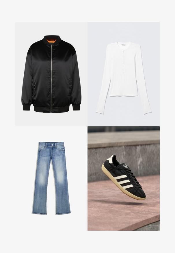 Sort bomberjakke lavet af glat satin, med lynlås foran, ribbede manchetter og kant, samt en orange foring. Klassisk og minimalistisk design.; Hvid Henley trøje med lange ærmer, rund halsudskæring og en vertikal række små knapper ned foran i midten.; Lyseblå bootcut-jeans med falmet vask, fem lommer, bæltestropper og lukning med dobbelte knapper, lagt fladt ud på en hvid baggrund.; Sort Adidas sneaker med hvide striber og beige sål, fanget i luften over en stenet overflade og baggrund af en stenmur.