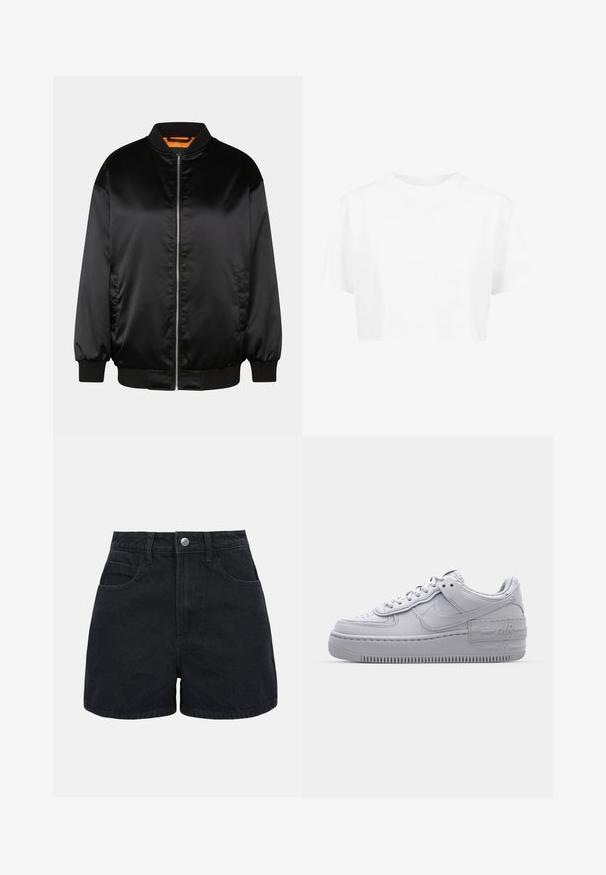 Zwarte bomberjack van glad satijn, met een ritssluiting aan de voorkant, ribbelmanchetten en -zoom, en een oranje voering. Klassiek en minimalistisch ontwerp.; Witte cropped t-shirt, korte mouwen, ronde halslijn, gemaakt van gladde stof, zonder zichtbare patronen of opvallende hardware.; Zwarte denim shorts met hoge taille, voorste knoopsluiting, riemlussen en twee voorzakken tegen een effen witte achtergrond.; Grijze Nike Air Force 1 sneaker met geperforeerde neus, glad leren bovenwerk, dikke zool en verhoogde 'AIR' details op de hiel.