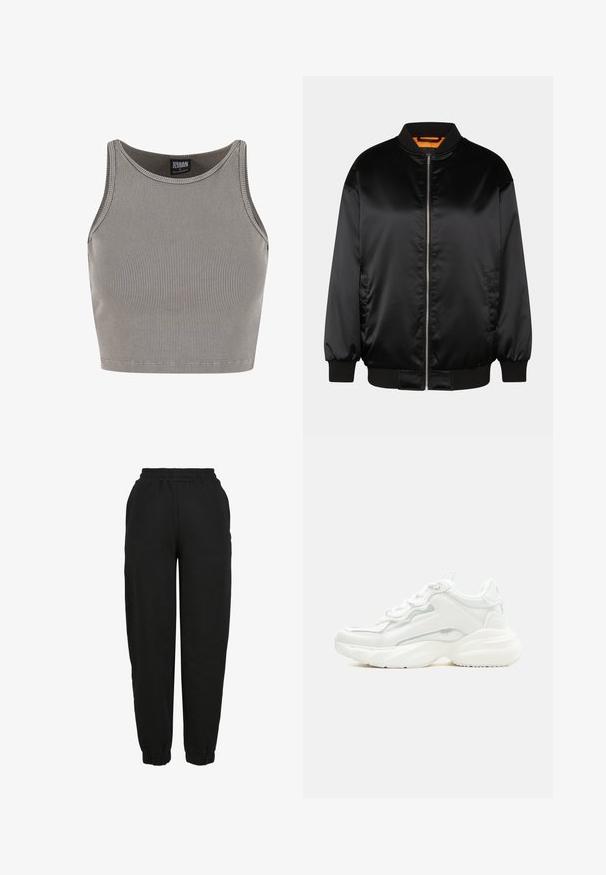 Veste bomber noire en satin lisse, avec fermeture éclair à l'avant, poignets et ourlet côtelés, et doublure orange. Design classique et minimaliste.; Urban Classics CROPPED - Débardeur - steelgrey; Pantalons de survêtement noirs en tissu doux, avec une taille élastique, des poignets fuselés et un design simple sans motifs ni ornements.; Baskets blanches épaisses avec semelle épaisse, fermeture à lacets sur le devant et cuir synthétique lisse avec des détails subtils de couture.