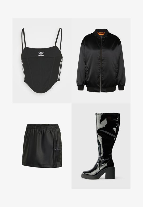 Schwarze Bomberjacke aus glattem Satin, mit Reißverschluss vorn, gerippten Bündchen und Saum sowie einer orangefarbenen Fütterung. Klassisches und minimalistisches Design.; Schwarzes, geripptes Crop Top mit verstellbaren dünnen Trägern, das drei weiße Streifen an den Seiten und ein kleines weißes Adidas-Logo in der Mitte aufweist.; Schwarzer Minirock aus Kunstleder mit elastischem Bund, seitlichen Druckknöpfen und Adidas-Logo-Patch auf gestreiftem Einsatz.; Knöchelhohe schwarze Lacklederstiefel mit glatter, glänzender Oberfläche, quadratischen Zehen und breiten schwarzen Absätzen. Nahtdetails an der Seite.