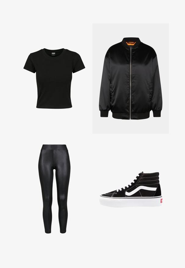 Schwarze Bomberjacke aus glattem Satin, mit Reißverschluss vorn, gerippten Bündchen und Saum sowie einer orangefarbenen Fütterung. Klassisches und minimalistisches Design.; Schwarzes Kurzarm-T-Shirt aus glattem Baumwollmaterial mit rundem Halsausschnitt und taillierter Form. Keine sichtbaren Muster oder Akzente.; Schwarze Leggings mit glänzender Oberfläche, hohem Bund und nahtlosem Design. Der Stoff wirkt glatt und figurbetont.; Schwarze High-Top-Sneaker mit weißen Schnürsenkeln, einem weißen Logo und kontrastierendem weißen Nähten. Verfügt über eine dicke weiße Sohle und ein strukturiertes Wildleder-Obermaterial.