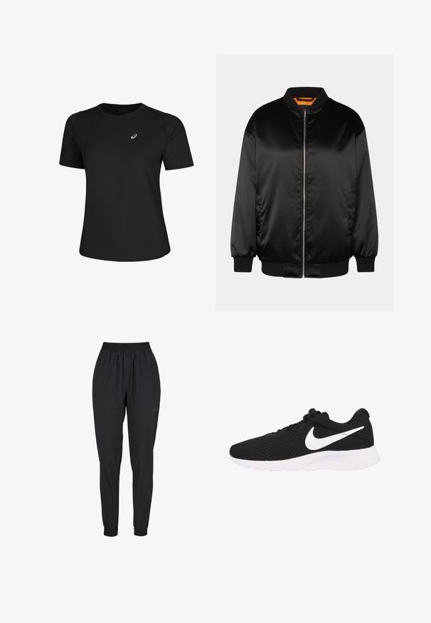 Zwarte bomberjack van glad satijn, met een ritssluiting aan de voorkant, ribbelmanchetten en -zoom, en een oranje voering. Klassiek en minimalistisch ontwerp.; Zwart sport t-shirt van gladde stof, met een ronde halslijn en korte mouwen. Inclusief een reflecterend logo aan de voorkant links.; Zwarte elastische broek met gathered cuffs, een rechte pijpdesign, gemaakt van lichtgewicht materiaal, met een subtiele logo aan de zijkant.; Nike Sportswear SCHUHE TANJUN - Sneakers laag - black/white