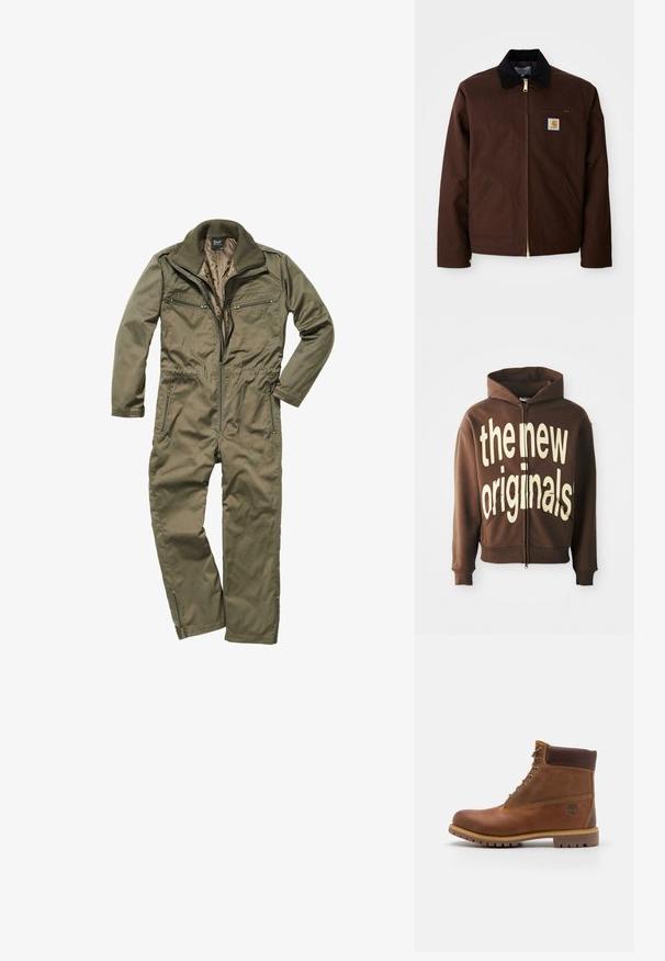 Brun canvasjakke med en gylden lynlås, fløjlskrage, venstre brystlomme med logo-patch og sidelommer med skjulte lynlåse.; Oliven grønt jumpsuit lavet af holdbart stof, med lynlås foran, ribbet krave og flere lynlåslommer på brystet og siderne.; Brun zip-hoodie med stor cremefarvet grafisk tekst "the new originals" på fronten, med en hætte med snore og sidelommer.; Brun læder vandrestøvle med en glat finish, polstret ankel, metalliske snørehuller og en gummisål med et robust dækmønster.