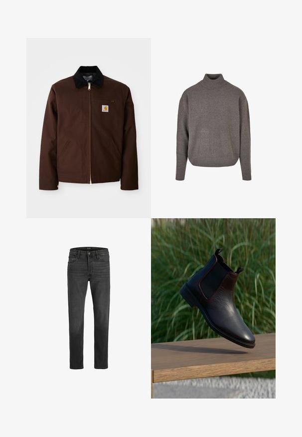 Brun canvasjakke med en gylden lynlås, fløjlskrage, venstre brystlomme med logo-patch og sidelommer med skjulte lynlåse.; Grå turtleneck sweater lavet af blød, tekstureret strikket stof. Løs pasform med lange ærmer og ribbede manchetter og kant.; Sorte denim jeans med lige pasform, fem-lomme design og lynlås. Har diskret falmning og kontrastsyninger.; Sorte læder Chelsea-boots med tekstureret finish, elastiske sidepaneler og løftestropper. Holdbar sål og slank spids tådesign.