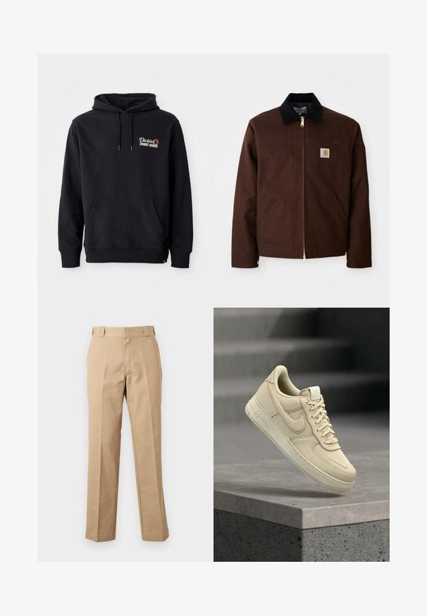 Bruine canvas jas met een gouden rits, corduroy kraag, een borstzak aan de linkerkant met logo patch, en zijzakken met verborgen ritsen.; Zwarte hoodie van een katoenmix, met een voorzak, ribbelkanten manchetten en een geborduurd logo op de linkerborst.; Beige rechte broek met riemlussen, een voorrits en gestreken plooien, getoond tegen een effen witte achtergrond.; Beige Nike Air Force 1 sneaker zweeft boven een grijs betonnen richel met een vervaagde trap op de achtergrond.
