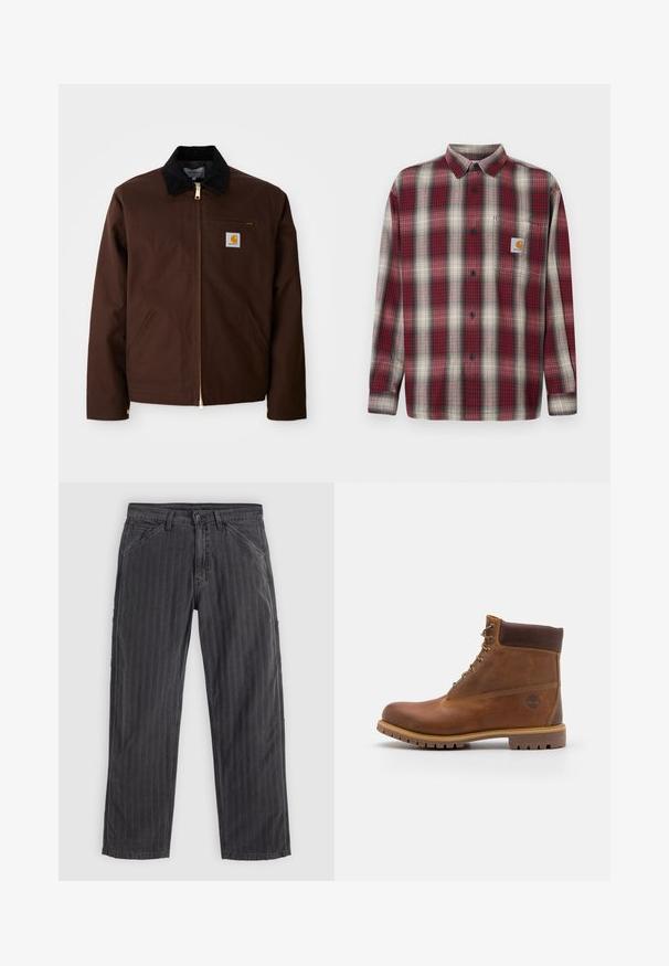 Bruine canvas jas met een gouden rits, corduroy kraag, een borstzak aan de linkerkant met logo patch, en zijzakken met verborgen ritsen.; Rode en grijze geruite flanellen shirt met een button-down kraag, lange mouwen en een borstzak met een logo label. Geweven textuur.; Zwart gestreepte broek van een katoenmix. Heeft een recht model, zijzakken en een knoopsluiting.; Bruine leren wandelschoen met een gladde afwerking, gevoerde enkel, metalen oogjes en een rubberen zool met een robuust profiel.