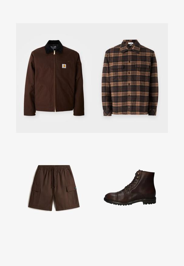 Veste en toile marron avec une fermeture éclair dorée, un col en velours côtelé, une poche sur la poitrine gauche avec un patch logo et des poches latérales avec des fermetures éclair cachées.; Chemise en flanelle à carreaux marron et noir avec un devant à boutons, deux poches poitrine et un col. Texture douce et coupe décontractée.; Shorts cargo marron fabriqués en tissu durable. Dotés d'une taille élastique, d'un cordon de serrage et de plusieurs poches latérales pour le rangement.; Bottines montantes en cuir brun foncé à lacets, avec une semelle en caoutchouc robuste et des œillets en métal, vues du côté extérieur.