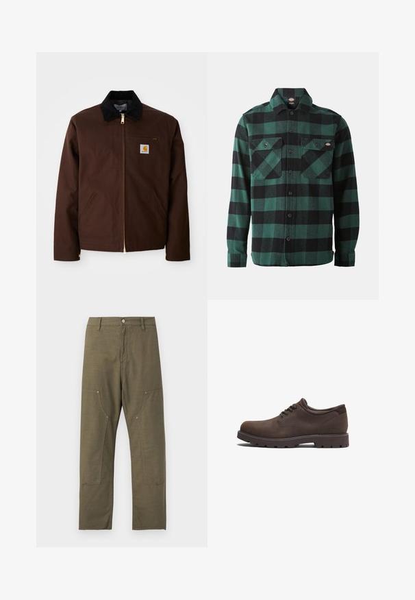 Chaqueta de lona marrón con cremallera dorada, cuello de pana, bolsillo en el pecho izquierdo con parche de logo y bolsillos laterales con cremalleras ocultas.; Camisa de franela a cuadros verdes y negros, con mangas largas, cierre de botones en la parte frontal, dos bolsillos en el pecho y cuello clásico. Textura suave, diseño versátil.; Pantalones de pierna recta en verde oliva con bolsillos parche delanteros, trabillas para cinturón, cierre de botón y costuras visibles.; Zapatos de cuero marrón con puntera redondeada y diseño de cordones. Presentan una superficie texturizada y una suela de goma de alta tracción. Logo sutil en el lado.