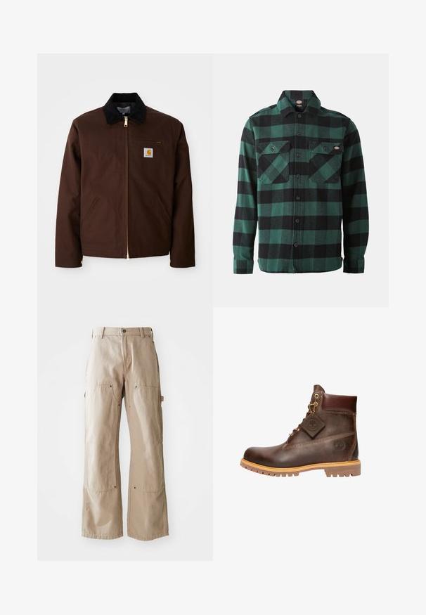 Brun canvasjakke med en gylden lynlås, fløjlskrage, venstre brystlomme med logo-patch og sidelommer med skjulte lynlåse.; Grøn- og sortternet flannel skjorte med lange ærmer, knaplukning foran, to brystlommer og en klassisk krave. Blød tekstur, alsidigt design.; Beige vide bukser lavet af slidstærkt bomuldsstof. Har for- og sidelommer, synlig syning og metaldetaljer ved lommerne.; Brun læder ankelstøvle med rund tå, solid sål, hardware i guldtone og en tekstureret overdel. Inkluderer et logo-tagfæstet.