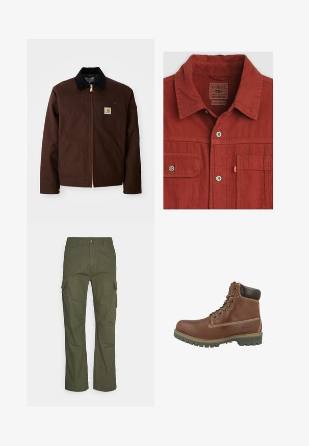 Bruine canvas jas met een gouden rits, corduroy kraag, een borstzak aan de linkerkant met logo patch, en zijzakken met verborgen ritsen.; Roestkleurig Levi's overhemd met losse pasvorm, metalen knopen, twee borstzakken en een kraag.; Cargo-broek in donkergroen olijf, met meerdere zijzakken, een rechte pasvorm en een duurzame stof met een gestructureerde afwerking.; Bruine leren enkellaars met een afgeronde neus, gevoerde kraag, witte stiksels en een rubberen buitenzool met een gripprofiel.