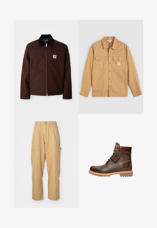 Veste en toile marron avec une fermeture éclair dorée, un col en velours côtelé, une poche sur la poitrine gauche avec un patch logo et des poches latérales avec des fermetures éclair cachées.; Chemise beige à manches longues, avec deux poches sur la poitrine et une petite étiquette. Fabriquée en coton avec une texture lisse et un design de col classique.; Pantalons cargo beiges en tissu mélangé de coton. Dotés de plusieurs poches, de jambes droites et d'une fermeture à bouton à la taille.; Bottine en cuir marron avec un bout rond, une semelle robuste, des éléments en doré et un dessus texturé. Comprend une étiquette de logo attachée.