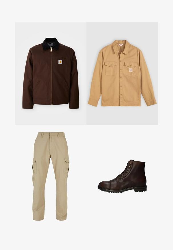 Braune Canvas-Jacke mit goldener Reißverschluss, Cordkragen, linke Brusttasche mit Logo-Patch und seitlichen Taschen mit verdeckten Reißverschlüssen.; Beige Hemd mit langen Ärmeln, zwei Brusttaschen und einem kleinen Etikett. Hergestellt aus Baumwolle mit einer glatten Textur und klassischem Kragen-Design.; Beige Cargo-Hosen aus Baumwolltwill mit mehreren Seitentaschen, geradem Bein Design und einem Reißverschluss mit Gürtelschlaufen.; Dunkelbraune Leder Schnürstiefelette mit robustem Gummisohlen und Metallösen, von der Außenseite betrachtet.